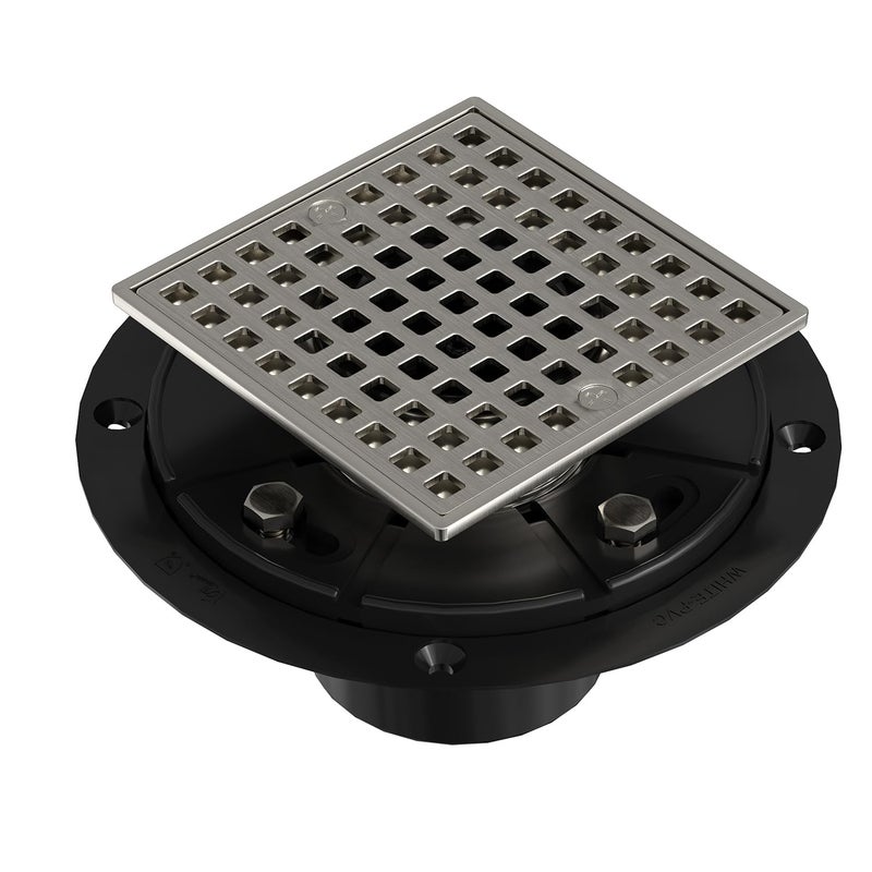 UNI-Drain 4-1/4 Square Floor Shower Drain with Flange, Shower Floor Drain Base Low Profile, Stainless Steel Shower Drain kit, Shower Drain kit Grid Nickel Brushed & CUPC Certified - Image 1
